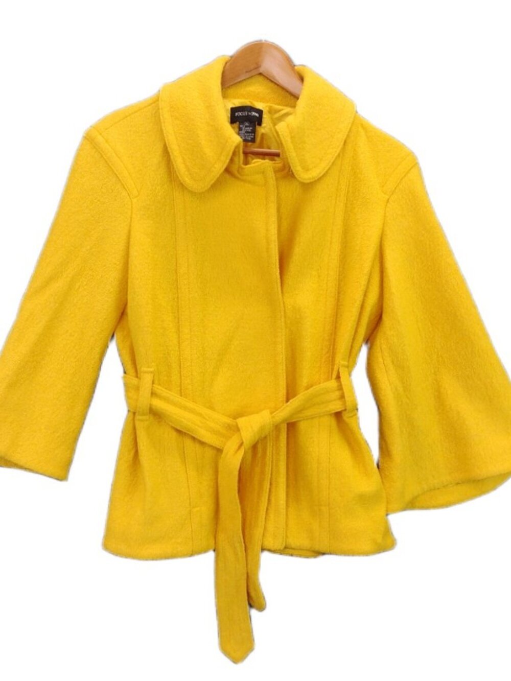 VTG Focus 2000 Womens Yellow Wool Blend Jacket 6 Belted Snap Front 3/4 Sleeve